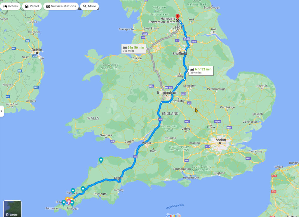 route from cornwall to harrogate