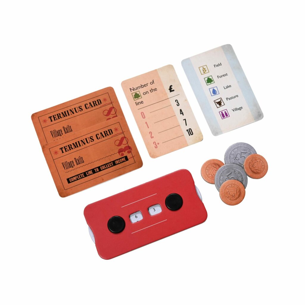 a terminus card, reference card, scoring dial, and some coins