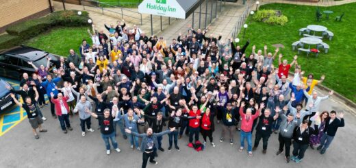 An overhead photo of the Gaming Rules patreon supporters, grouped outside the hotel