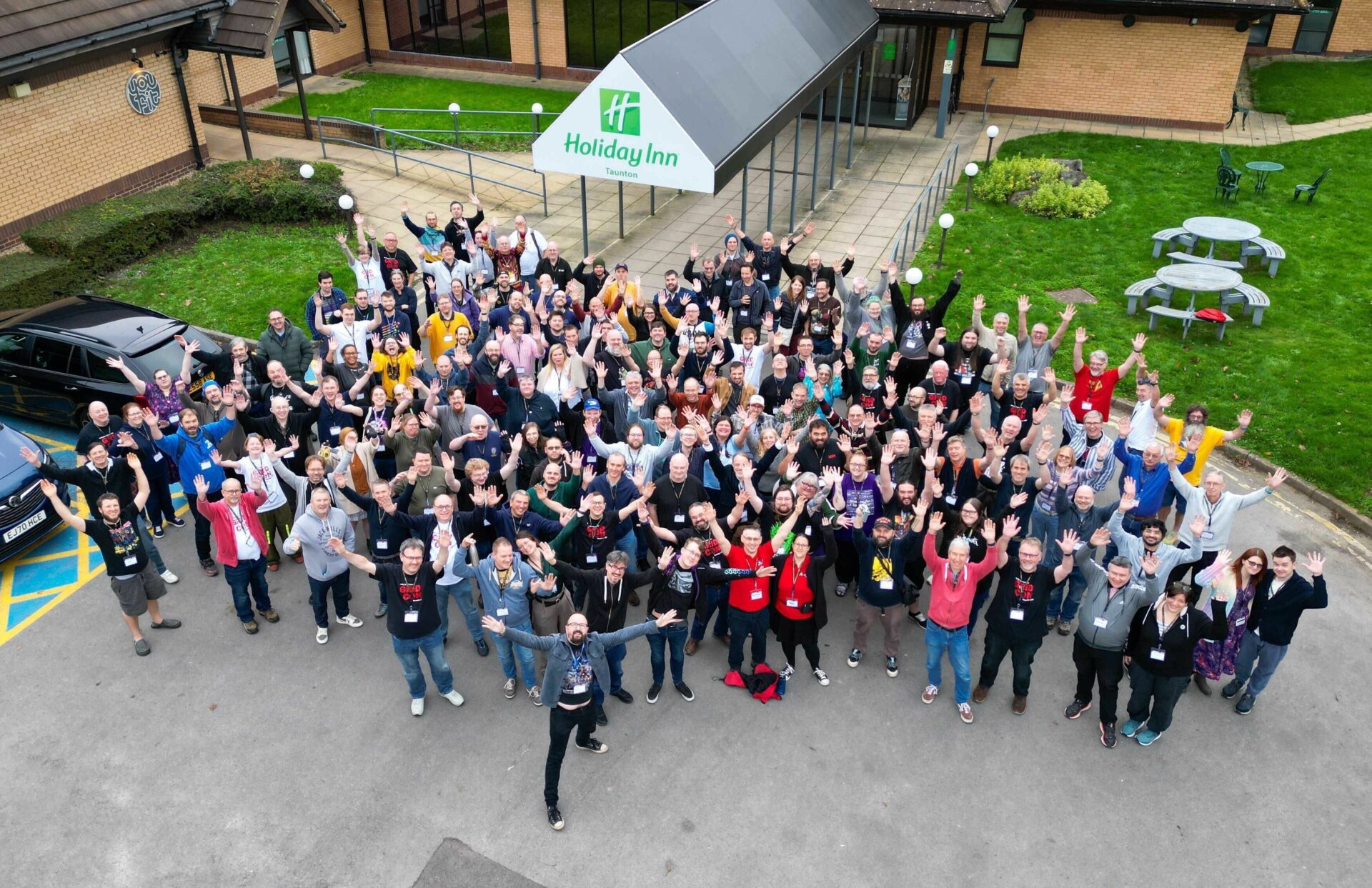 An overhead photo of the Gaming Rules patreon supporters, grouped outside the hotel