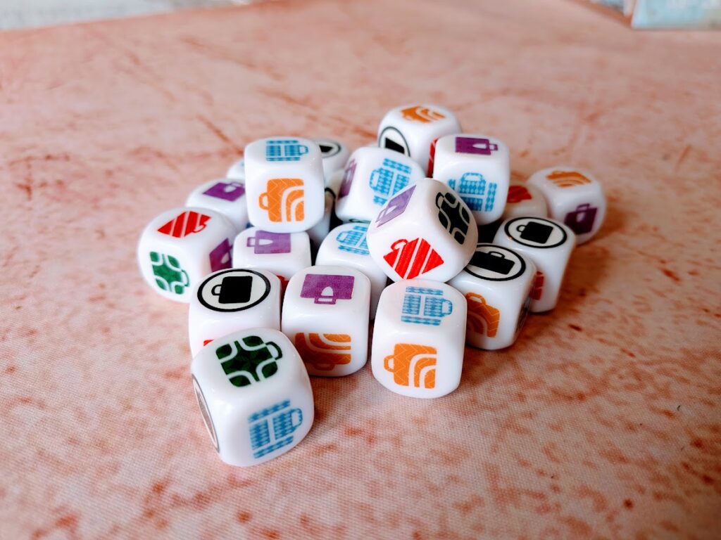 a pile of colourful dice